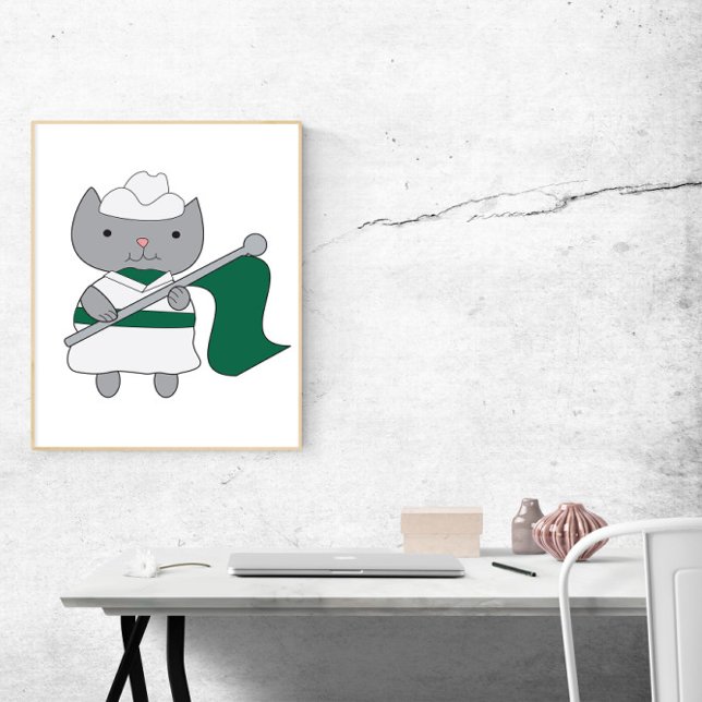 Color Guard Cat Green and White Poster (A poster of a gray cat in a green and white color guard uniform with a green flag.)
