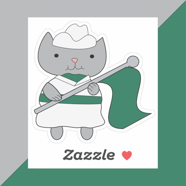 Color Guard Cat Parade Green White Sticker (A sticker of a cat wearing a green and white color guard uniform holding a green flag.)