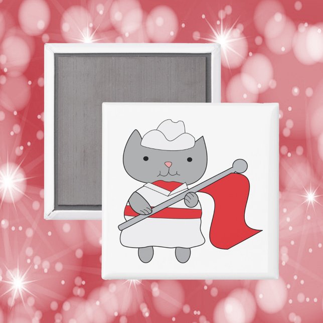 Color Guard Cat Red White Magnet (A magnet featuring a gray cat in a red and white color guard uniform.)