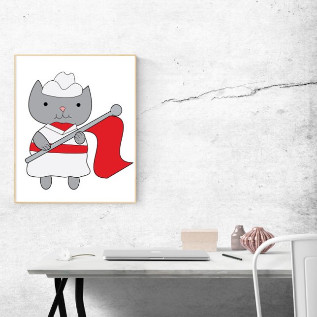 Color Guard Cat Red White Poster (This poster features a cute gray cat wearing a red and white color guard uniform.)