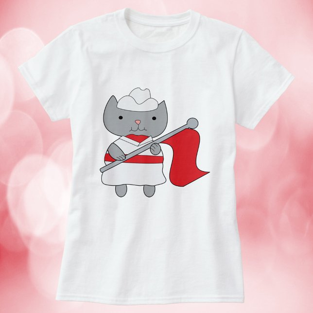 Color Guard Cat Red White T-Shirt (A fun shirt with a gray cat wearing a red and white color guard uniform.)