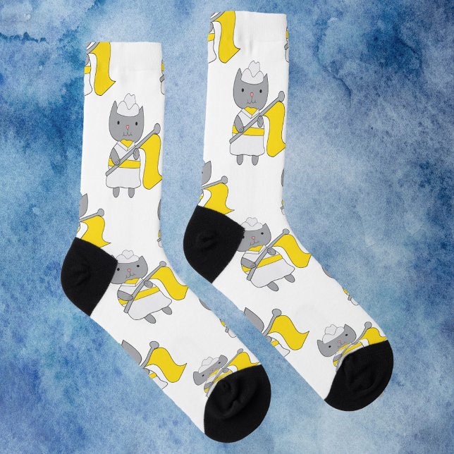 Color Guard Cat Yellow White Pattern Socks (A pair of socks featuring a pattern of gray cats wearing a yellow and white color guard uniform.)