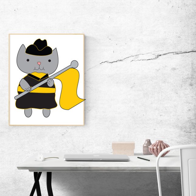 Color Guard Flag Cat Black and Yellow Gold Poster (A poster featuring a gray cat wearing a black and yellow gold color guard uniform with flag.)