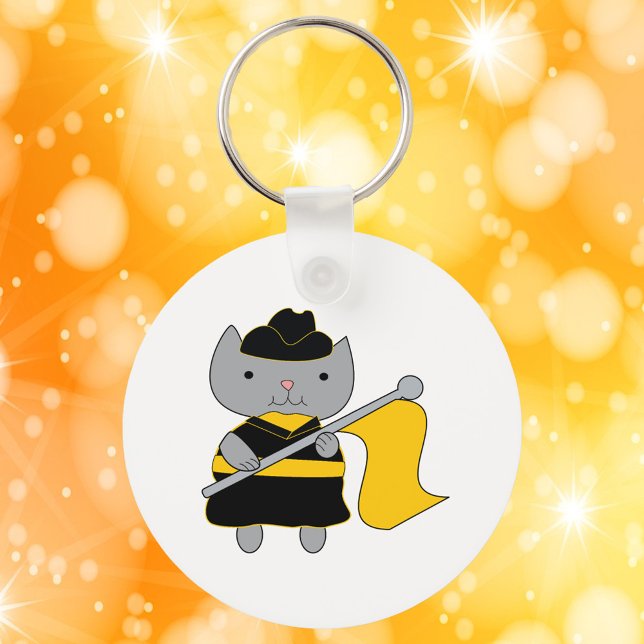 Color Guard Kawaii Cat Black Yellow Keychain (A keychain featuring a cute gray cat in a black & yellow color guard uniform.)