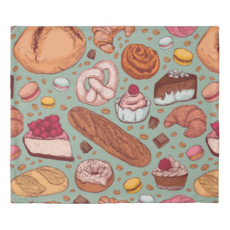 Color hand drawn sketch style bakery patten. Diffe Duvet Cover