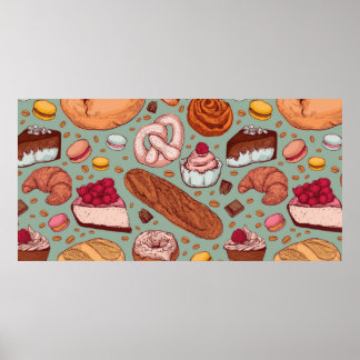 Color hand drawn sketch style bakery patten. Diffe Poster