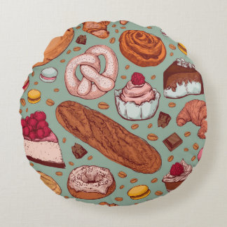 Color hand drawn sketch style bakery patten. Diffe Round Pillow
