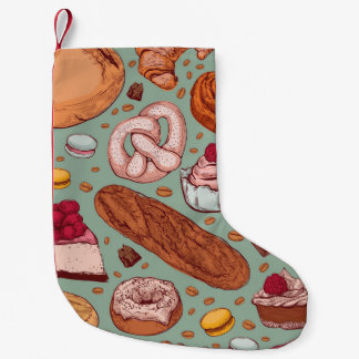 Color hand drawn sketch style bakery patten. Diffe Small Christmas Stocking