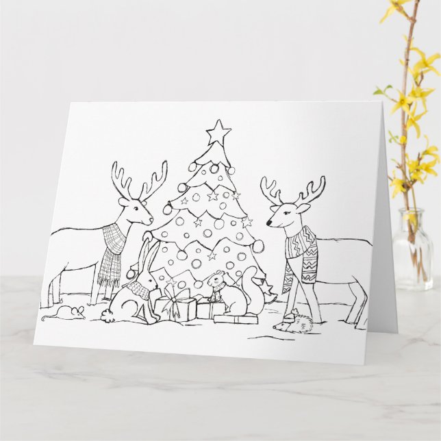 Color in Animal Christmas Card (Yellow Flower)