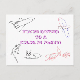 Color in Birthday Party invitations, postcards