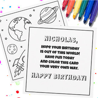 Color It! Space Rocket Custom Name Kid's Birthday Card