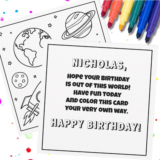 Color It! Space Rocket Custom Name Kid's Birthday Card (Any child will have fun coloring their very own personalized birthday card!)