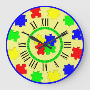 Color Jigsaw Puzzle Pieces, Roman Numerals Minutes Large Clock