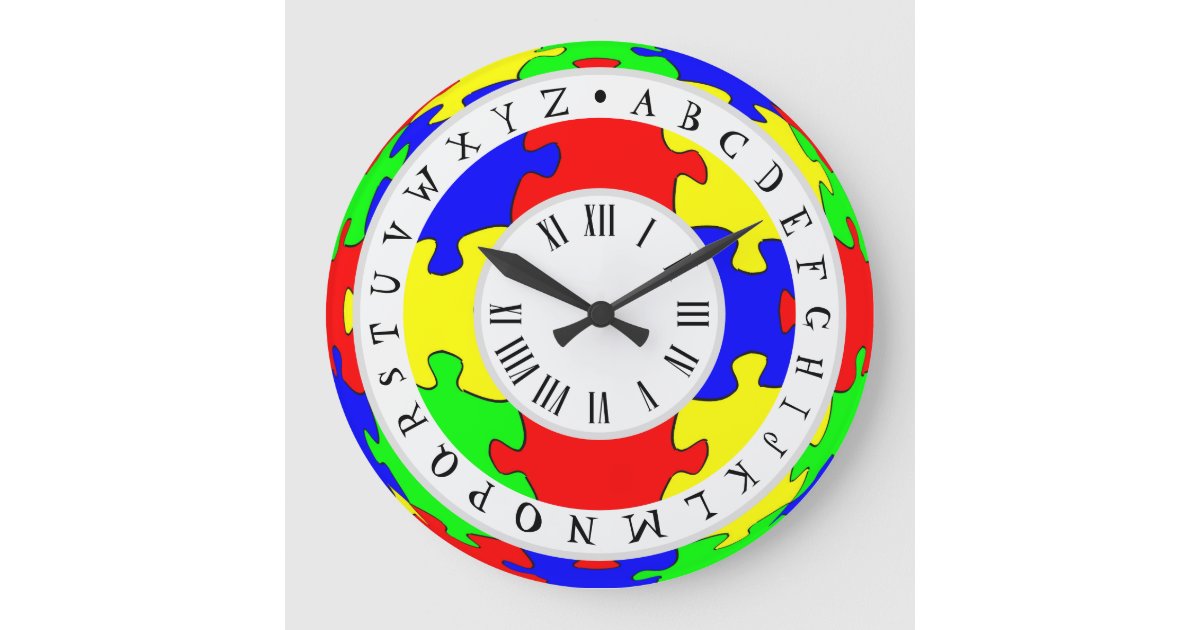 Color Jigsaw, Roman Numerals and English Alphabet Large Clock | Zazzle
