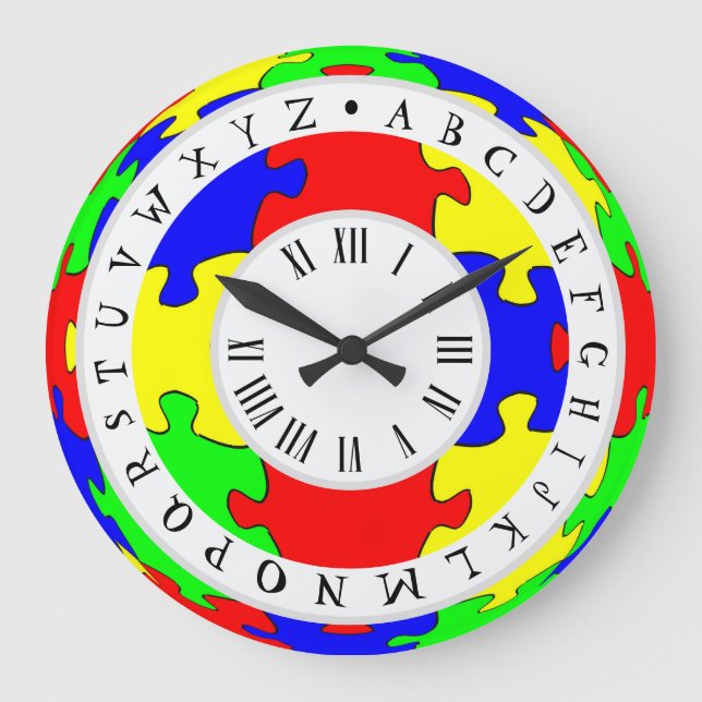 Color Jigsaw, Roman Numerals and English Alphabet Large Clock (Front)