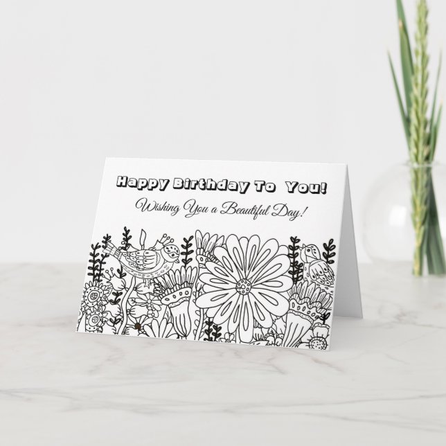 Color Me, Birthday Card Whimsical Birds Flowers (Front)