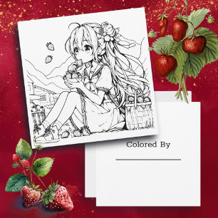 Color Me Card for Kids Anime Girl Strawberries