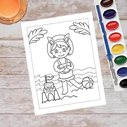 Color Me Girl Playing at Beach  Activity Cards