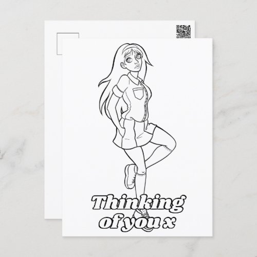 Color Me In Activity Anime Cartoon Teen Schoolgirl Postcard