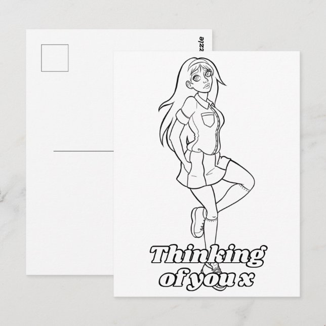 Color Me In Activity Anime Cartoon Teen Schoolgirl Postcard (Front/Back)