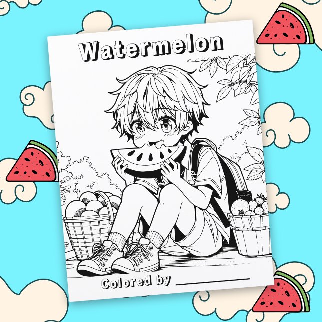 Color Me Page | Anime Boy eating Watermelon (Creator Uploaded)