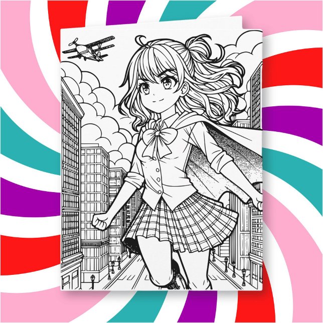 Color Me Page | Anime Superhero Girl Big Birthday Card (Creator Uploaded)