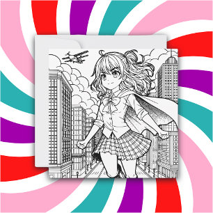 Color Me Page Anime Superhero Girl Card