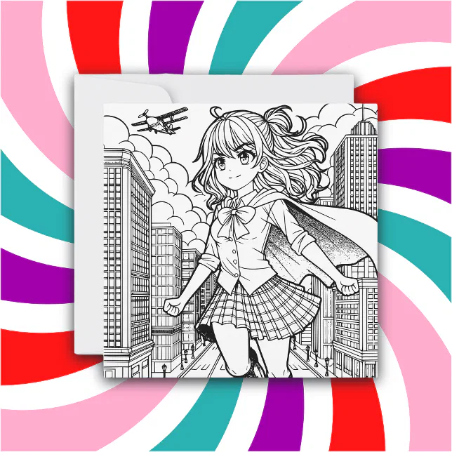 Color Me Page | Anime Superhero Girl Card | Zazzle