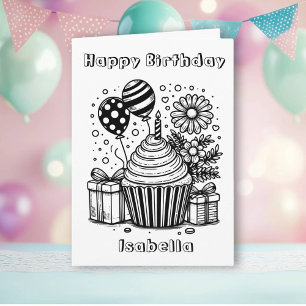 Color Me Page Cupcake and Flowers Girl's Birthday Card