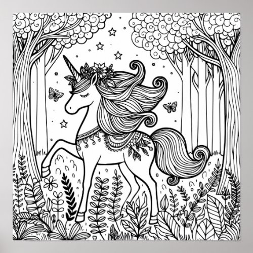 Color Me Page  Unicorn in a Magical Forest Poster