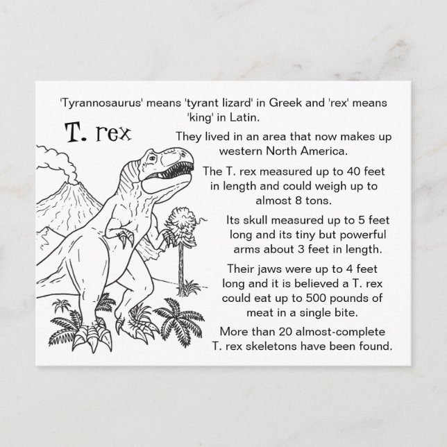 Color Me Tyrannosaurus Rex Fun Facts Postcard (Front)