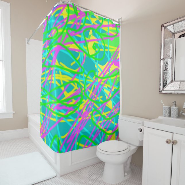 Color My Dreams Scribble Pattern Expressive Artsy Shower Curtain (In Situ)