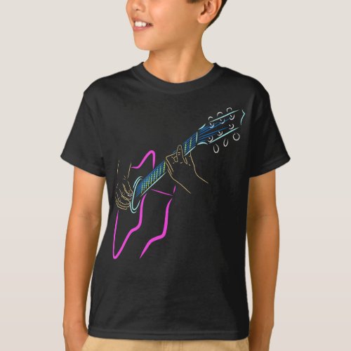 Color outline of the guitar The musicians hands T_Shirt