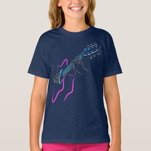 Color outline of the guitar The musicians hands T_Shirt