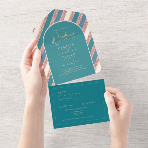 Color Palette Teal Champagne Rose Gold Weddong All In One Invitation