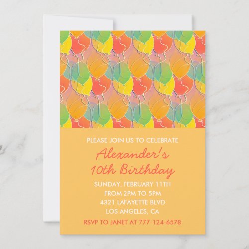 Color party invitations 10th balloons modern kids