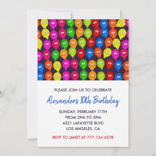 Color party invitations 10th boy balloons monster