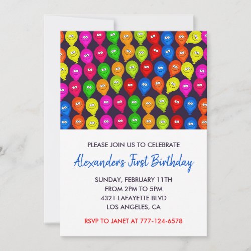 Color party invitations 1st boy balloons monster