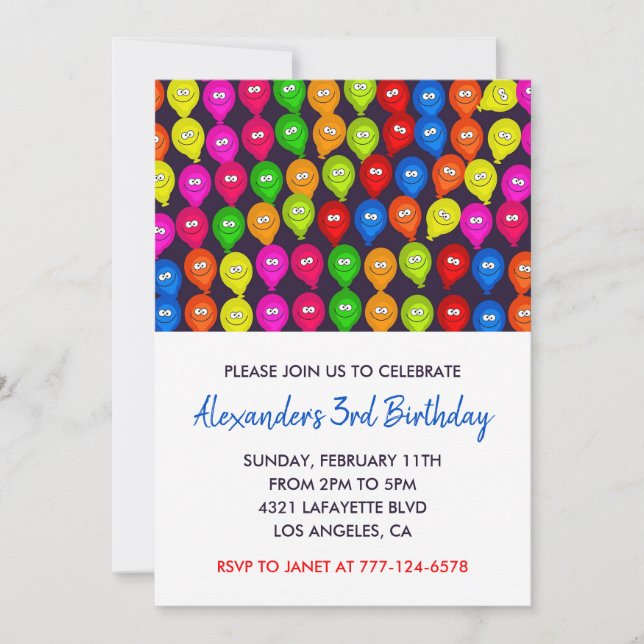 Color party invitations 3rd boy balloons monster (Front)