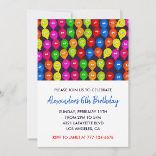 Color party invitations 6th boy balloons monster