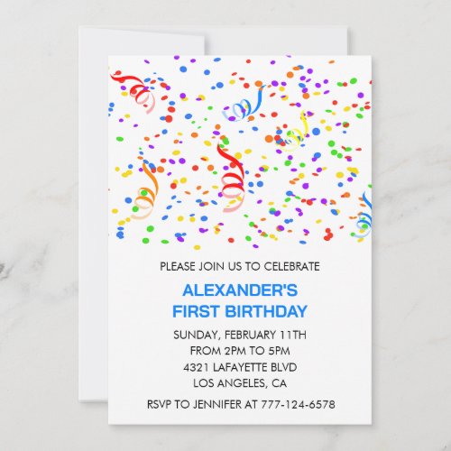 Color party invitations blue boy confetti rainbow