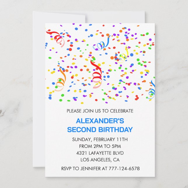 Color party invitations blue boy confetti rainbow (Front)
