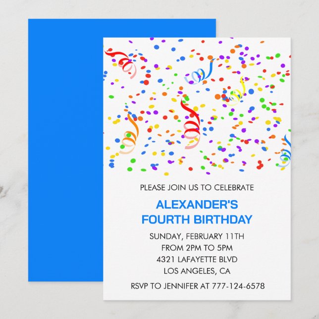 Color party invitations blue boy confetti rainbow (Front/Back)