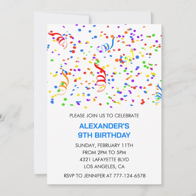 Color party invitations blue boy confetti rainbow (Front)