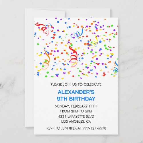 Color party invitations blue boy confetti rainbow