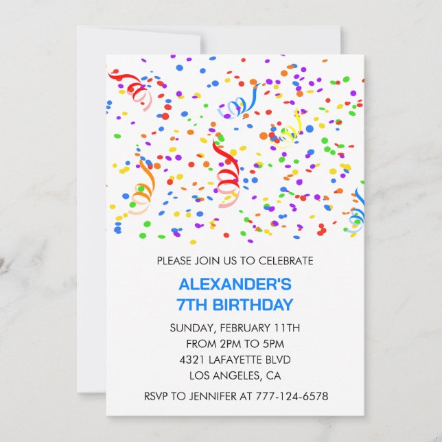 Color party invitations blue boy confetti rainbow (Front)