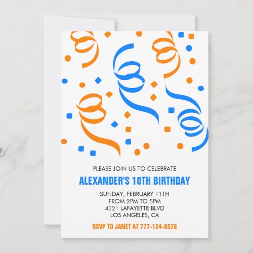 Color party invitations Confetti orange blue 10th