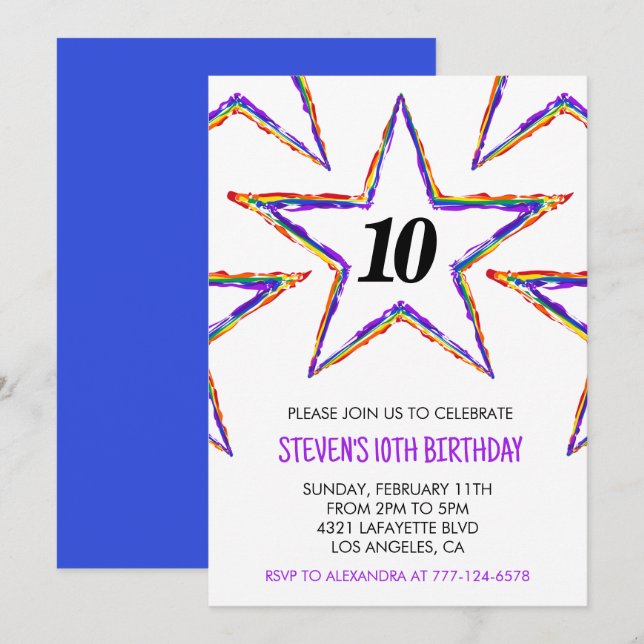 Color party invitations Stars Rainbow primary kids (Front/Back)