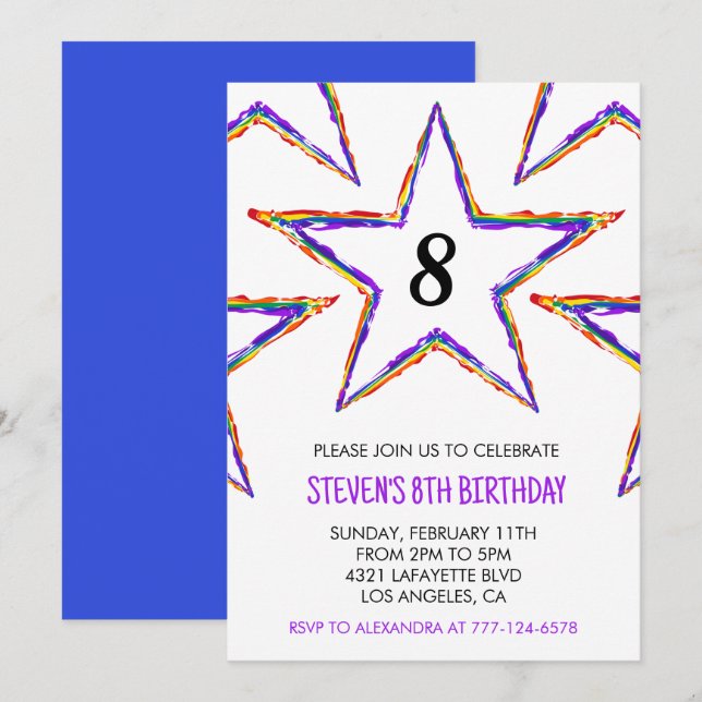 Color party invitations Stars Rainbow primary kids (Front/Back)