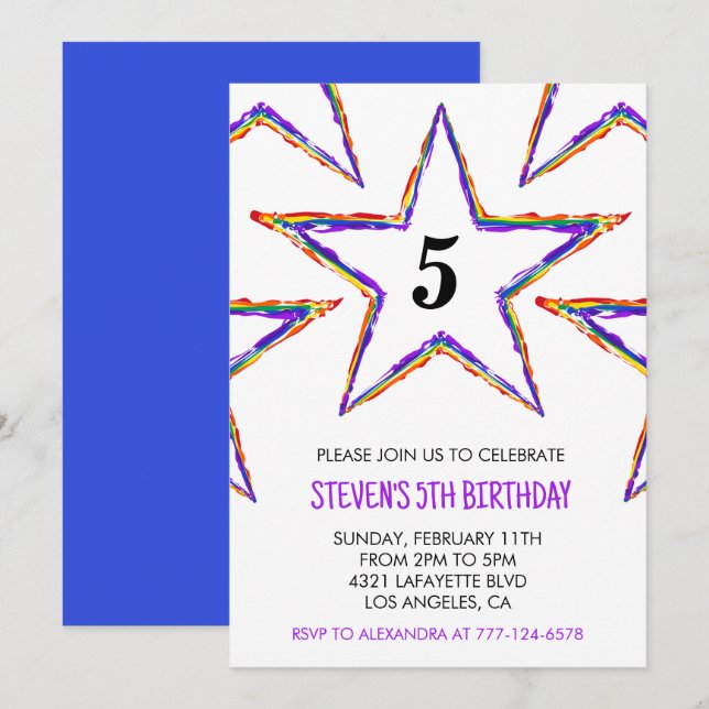 Color party invitations Stars Rainbow primary kids (Front/Back)